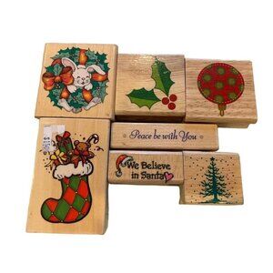 Wood-Mounted Christmas Rubber Stamps Set Holiday Patterns & Festive Sayings